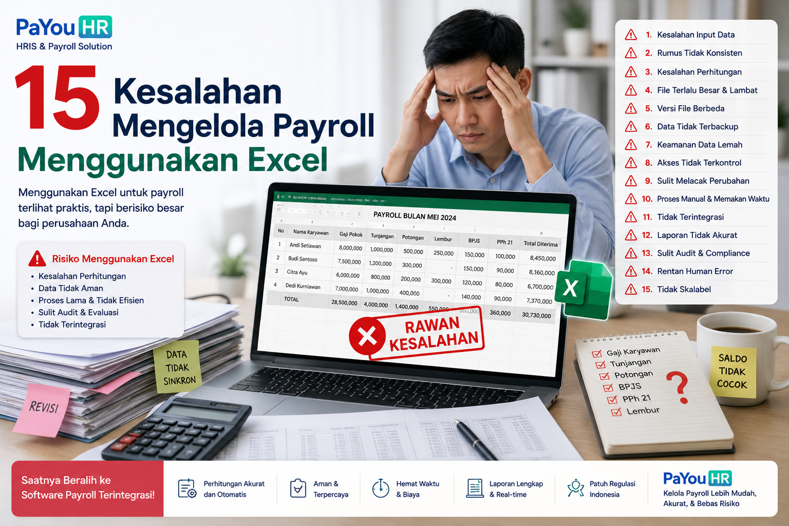 15 Kesalahan Mengelola Payroll Menggunakan Excel, ilustrasi risiko penggajian menggunakan spreadsheet Excel seperti kesalahan perhitungan, data tidak sinkron, keamanan lemah, proses manual, dan sulit diaudit.