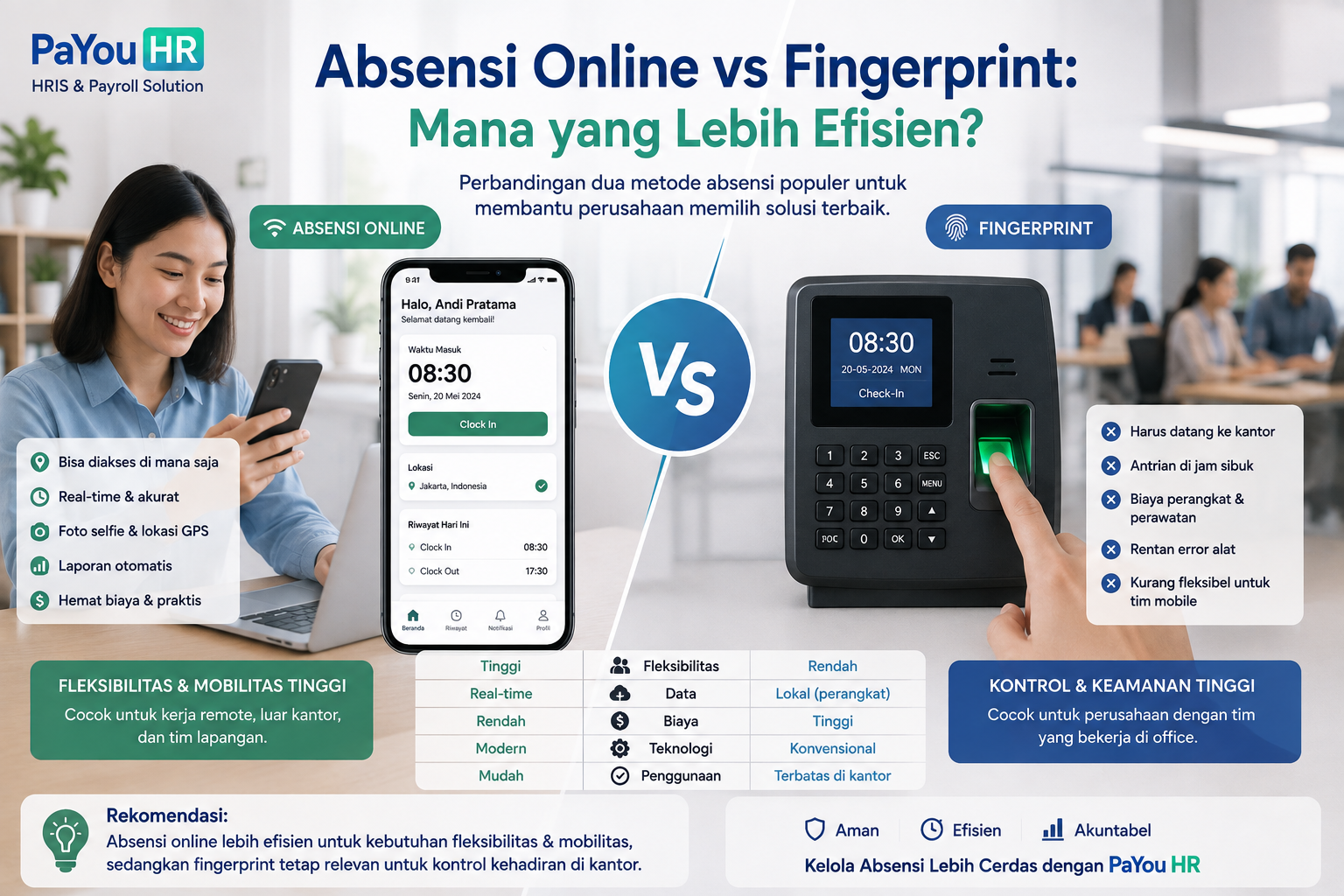 Absensi Online vs Fingerprint, ilustrasi perbandingan aplikasi absensi online PaYou HR dengan mesin fingerprint untuk mengelola kehadiran karyawan secara real-time, akurat, dan efisien.