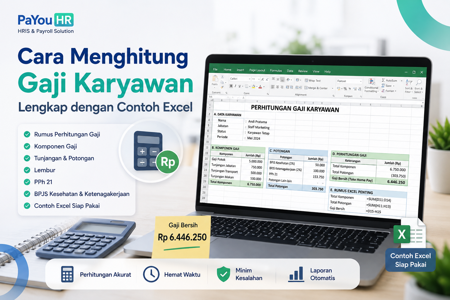 Cara Menghitung Gaji Karyawan, ilustrasi perhitungan gaji menggunakan software payroll dan contoh Excel yang menampilkan komponen gaji, tunjangan, potongan, BPJS, PPh 21, lembur, serta gaji bersih karyawan.