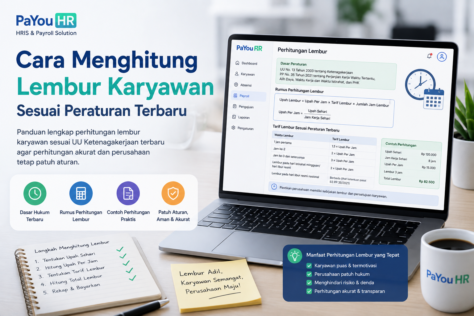Cara Menghitung Lembur Karyawan, ilustrasi software payroll PaYou HR yang menampilkan perhitungan upah lembur sesuai peraturan terbaru lengkap dengan rumus, tarif lembur, dan contoh perhitungan.