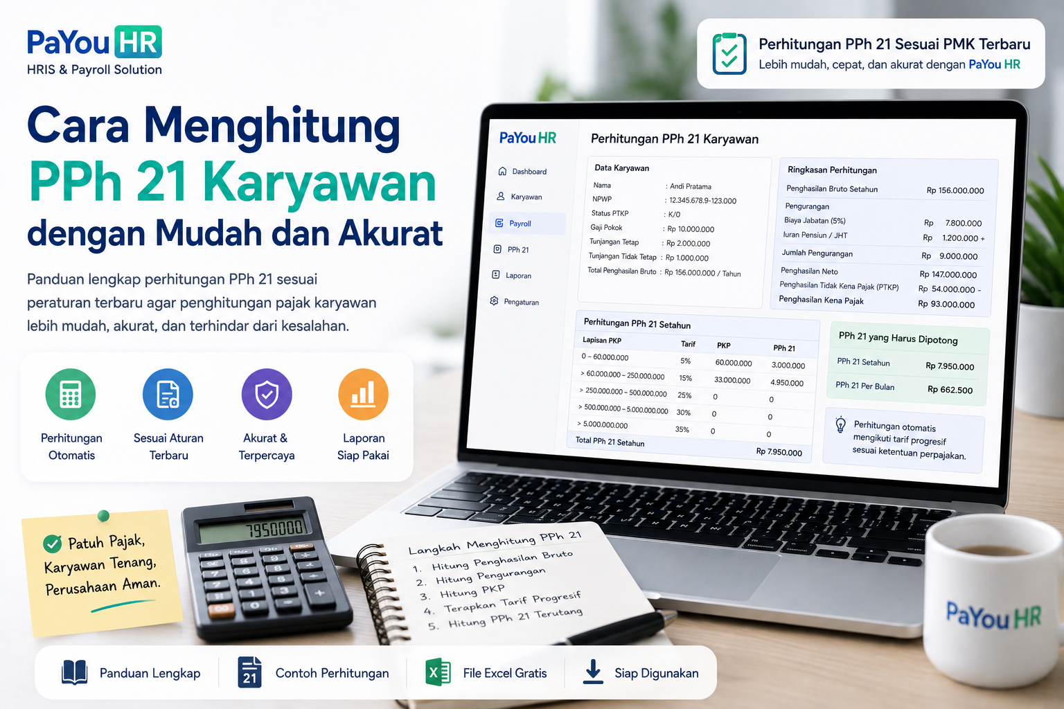 Cara Menghitung PPh 21 Karyawan, ilustrasi software payroll PaYou HR yang menampilkan perhitungan PPh 21, penghasilan bruto, PTKP, PKP, tarif pajak progresif, dan potongan pajak karyawan secara otomatis.