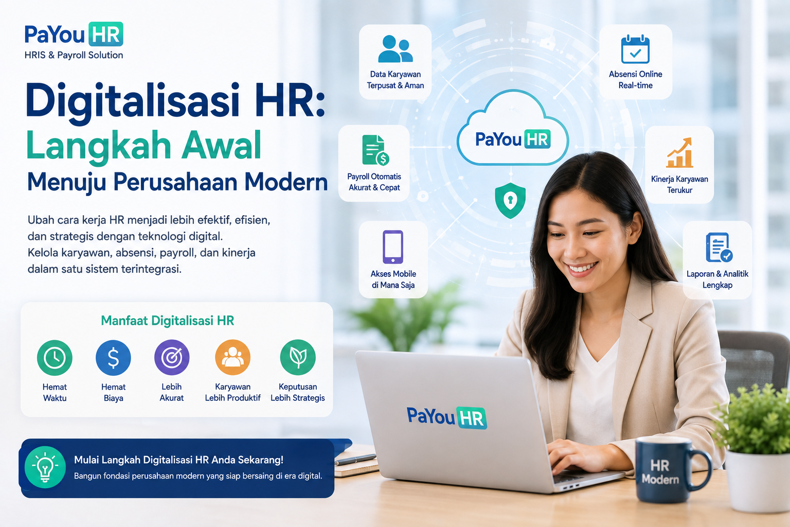 Digitalisasi HR, ilustrasi software HRIS PaYou HR untuk mengelola data karyawan, absensi online, payroll otomatis, penilaian kinerja, dan laporan HR secara digital dalam satu sistem terintegrasi.