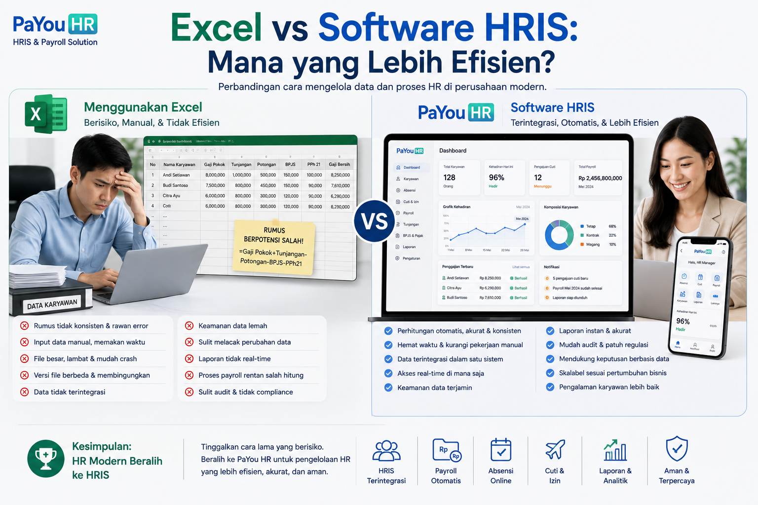Excel vs Software HRIS, ilustrasi perbandingan pengelolaan HR menggunakan Excel dan software HRIS PaYou HR untuk mengelola karyawan, absensi, cuti, payroll, laporan, dan data HR secara efisien.