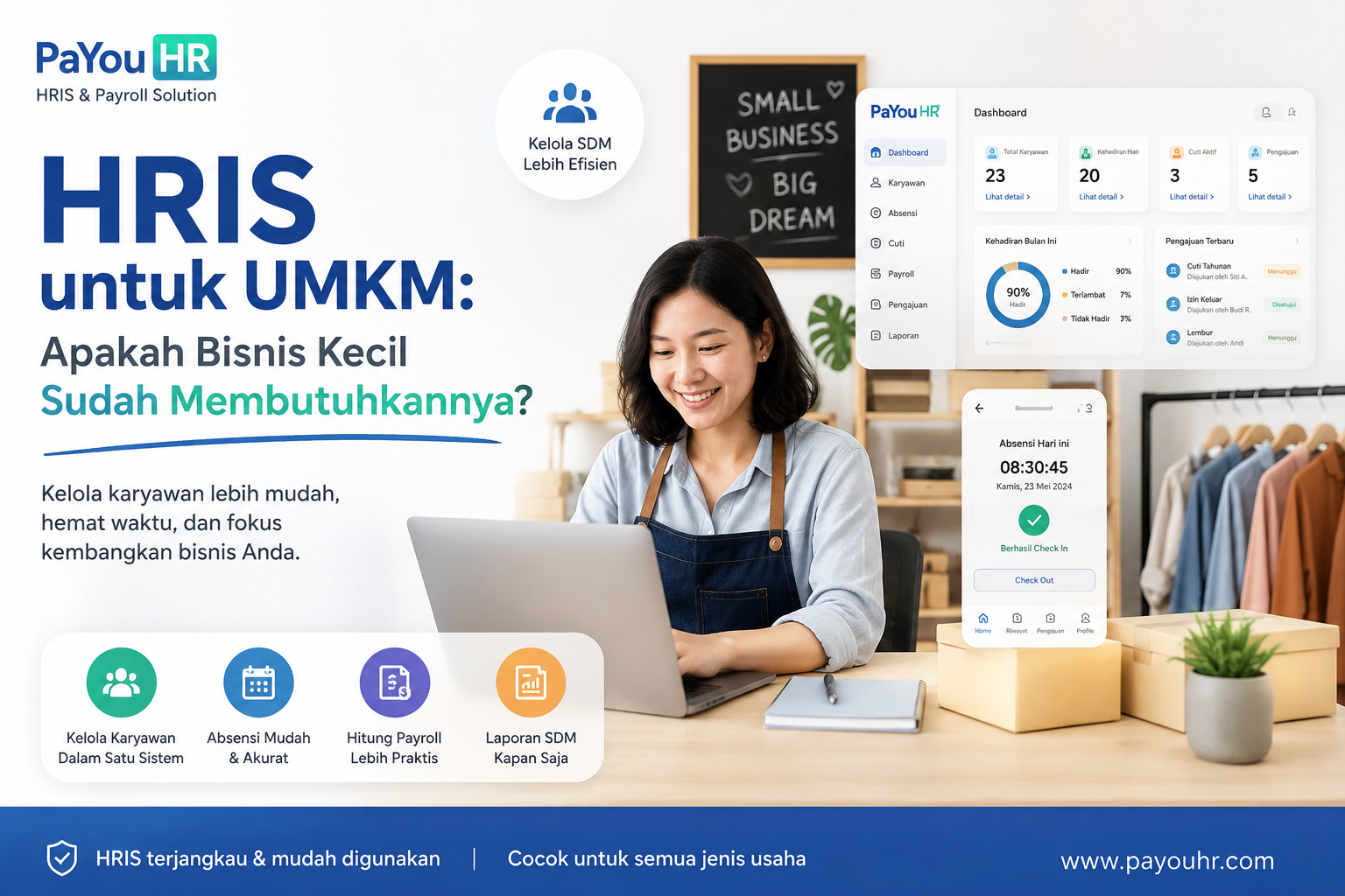 HRIS untuk UMKM, ilustrasi pemilik bisnis kecil menggunakan software HRIS PaYou HR untuk mengelola data karyawan, absensi, cuti, payroll, dan laporan SDM secara digital.