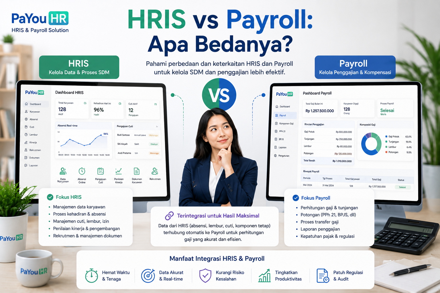 HRIS vs Payroll, ilustrasi perbandingan software HRIS dan payroll PaYou HR yang menampilkan pengelolaan data karyawan, absensi, cuti, payroll, penggajian, serta integrasi sistem HR secara digital.
