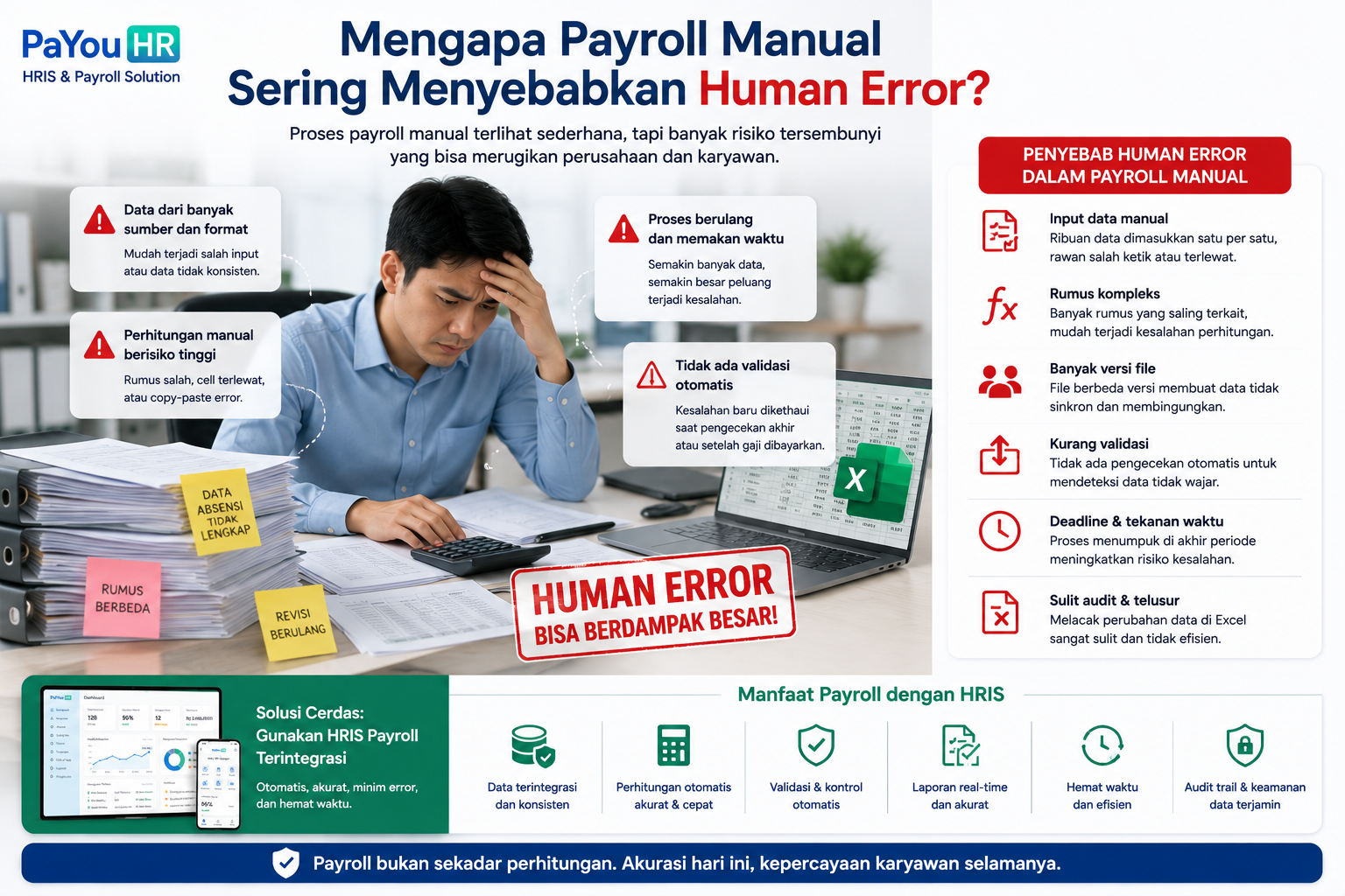 Mengapa payroll manual sering menyebabkan human error, ilustrasi risiko penggajian manual seperti salah input data, kesalahan rumus, data tidak sinkron, kurang validasi, dan sulit audit.