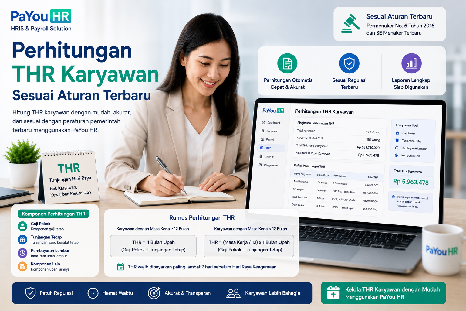 Perhitungan THR Karyawan, ilustrasi software payroll PaYou HR yang menampilkan perhitungan Tunjangan Hari Raya (THR) karyawan sesuai aturan terbaru, lengkap dengan rumus, komponen THR, dan laporan otomatis.
