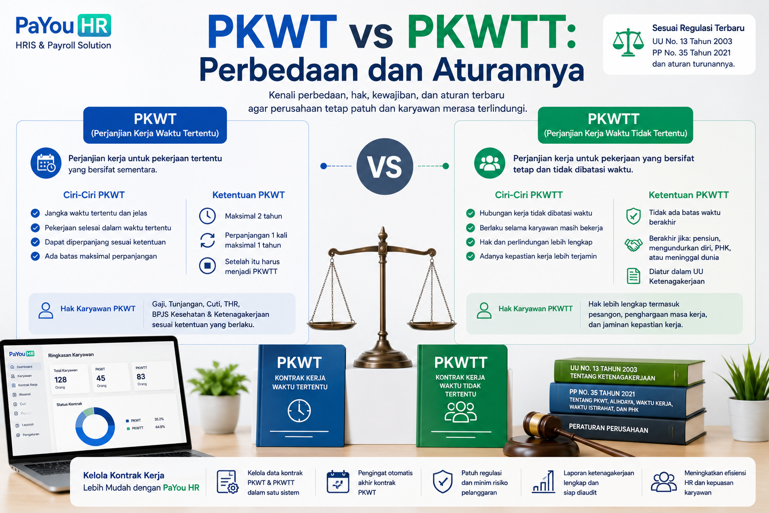 PKWT vs PKWTT, ilustrasi perbandingan Perjanjian Kerja Waktu Tertentu dan Perjanjian Kerja Waktu Tidak Tertentu beserta perbedaan, hak karyawan, dan aturan ketenagakerjaan.