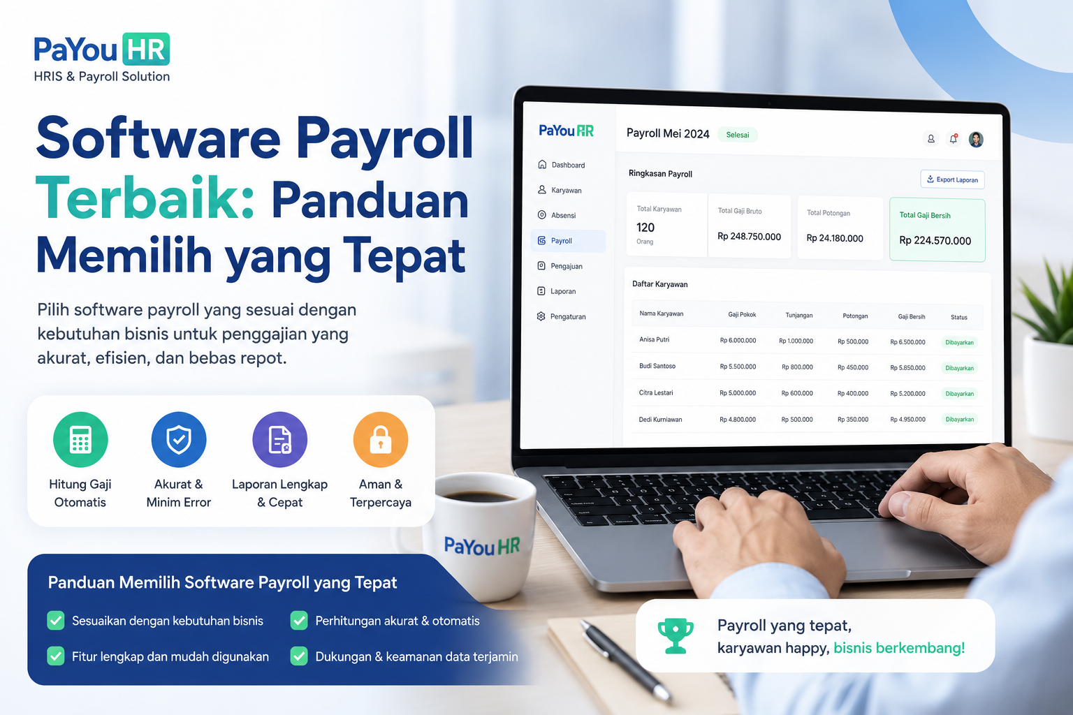 Software Payroll Terbaik, ilustrasi dashboard software payroll PaYou HR untuk menghitung gaji karyawan, mengelola payroll, tunjangan, potongan, dan laporan penggajian secara otomatis.